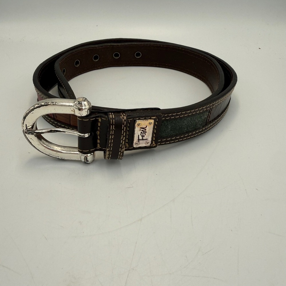 Fossil Vintage Y2K Brown Leather Patchwork Belt Silver Buckle Medium Western